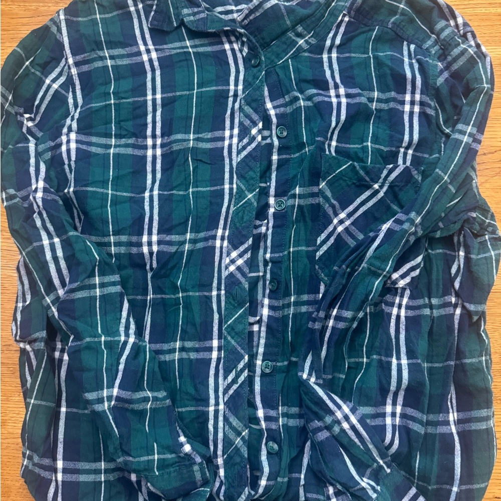 Time and Tru Green and Blue Casual Button Down Shirt